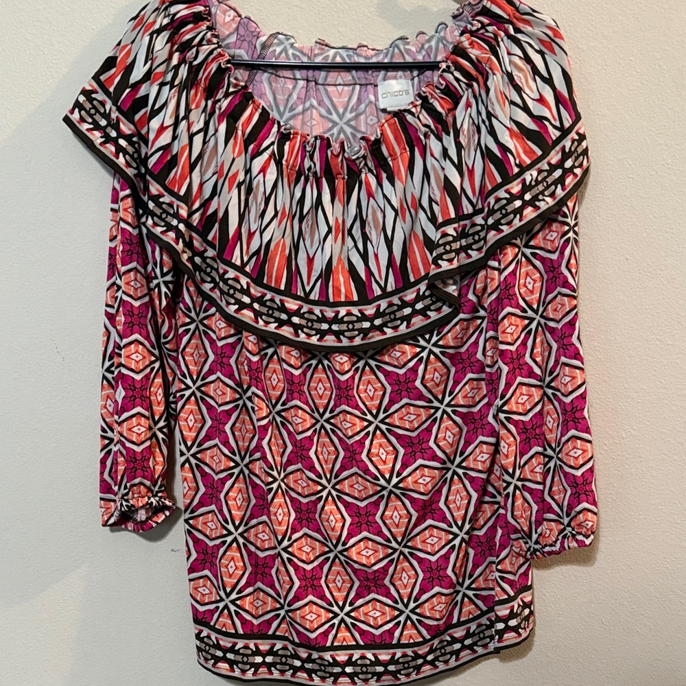Chico's Pink, Orange & White Geometric Off-Shoulder Tunic